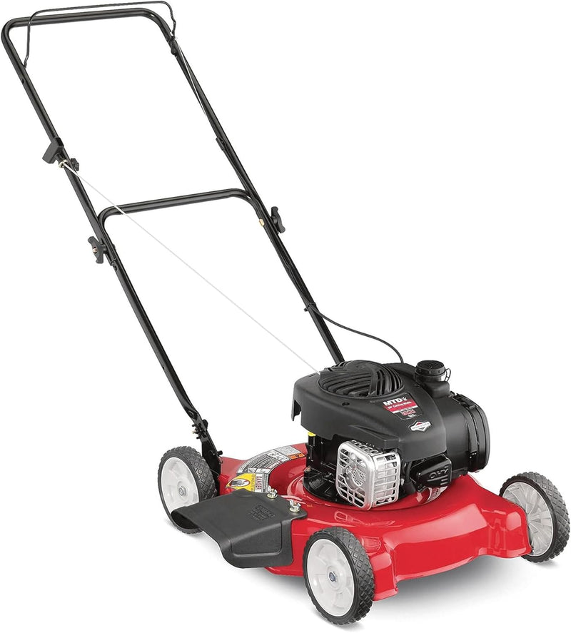 20-inch steel cutting deck, side-discharge gasoline-powered push lawn mower, with engine oil, available in red and black, suitable for outdoor yards. C2