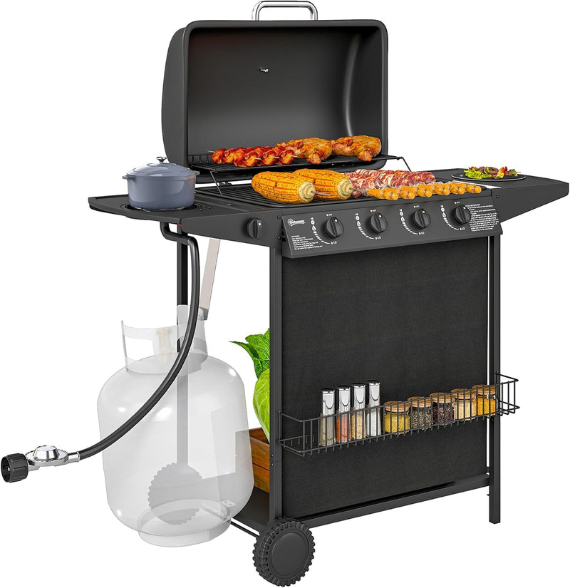 4 1 Burner Propane Gas BBQ Grill, Portable Gas Barbecue Grill with Side Burner, Thermometer, Lid, Side Table, Shelf, Spice Rack, Wheels, Grease Cup for Garden, Black X9