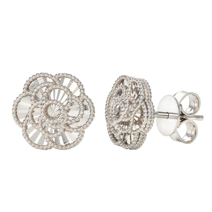 Diamond Cut Textured Flower Stud Earrings in White Gold I0