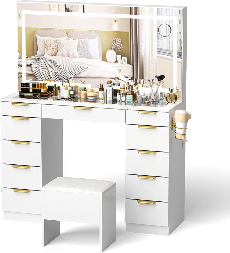 Glass Top Vanity Desk with Mirror and Lights, 11 Drawers Makeup Vanity with Golden Handles, 3 Lighting Modes Upgraded Silent Slides Vanity Desk with Bench, Portable Mirror and Power Putlet L6