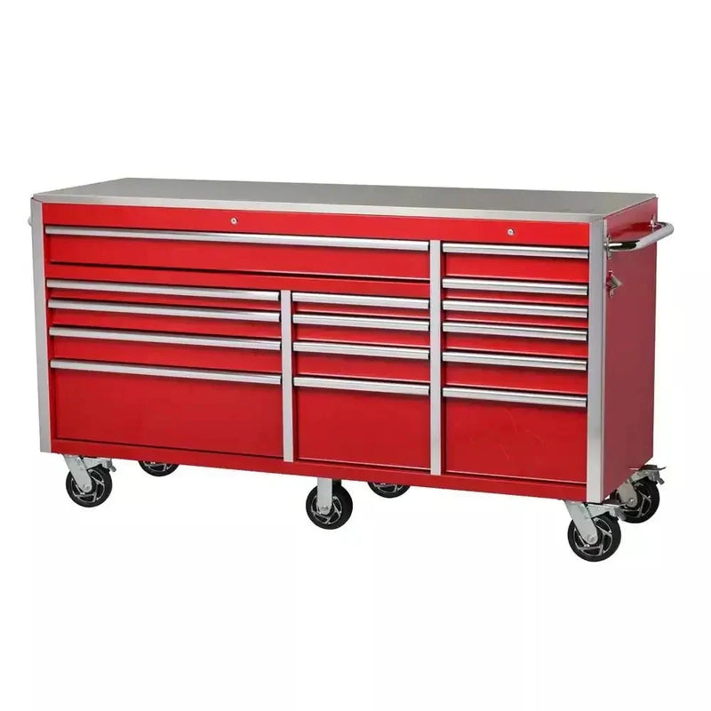 Heavy-Duty 72 in. W x 24 in. D 15-Drawer Tool Chest Mobile Workbench with Stainless Steel Top and Dual Locks in Red Y6