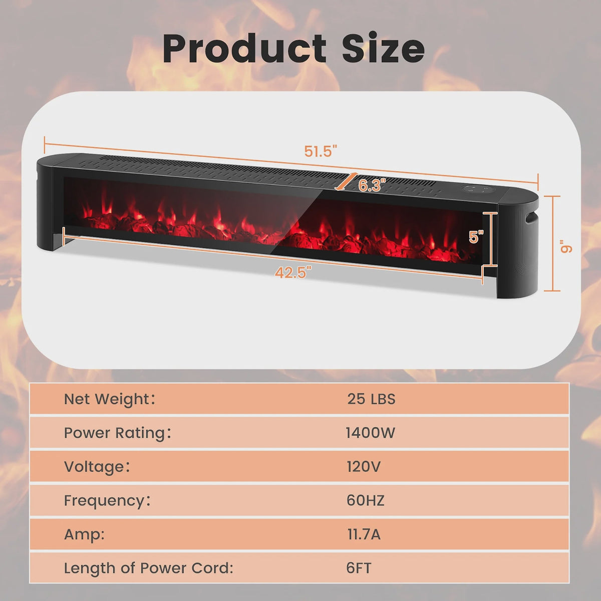 Costway 1400W Electric Baseboard Heater Convection Space Heater with Realistic 3D Flame