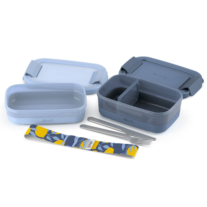 ello Stackable Bento Lunch Food Storage Container with Stainless Steel Flatware, Blue, 2-pk D7