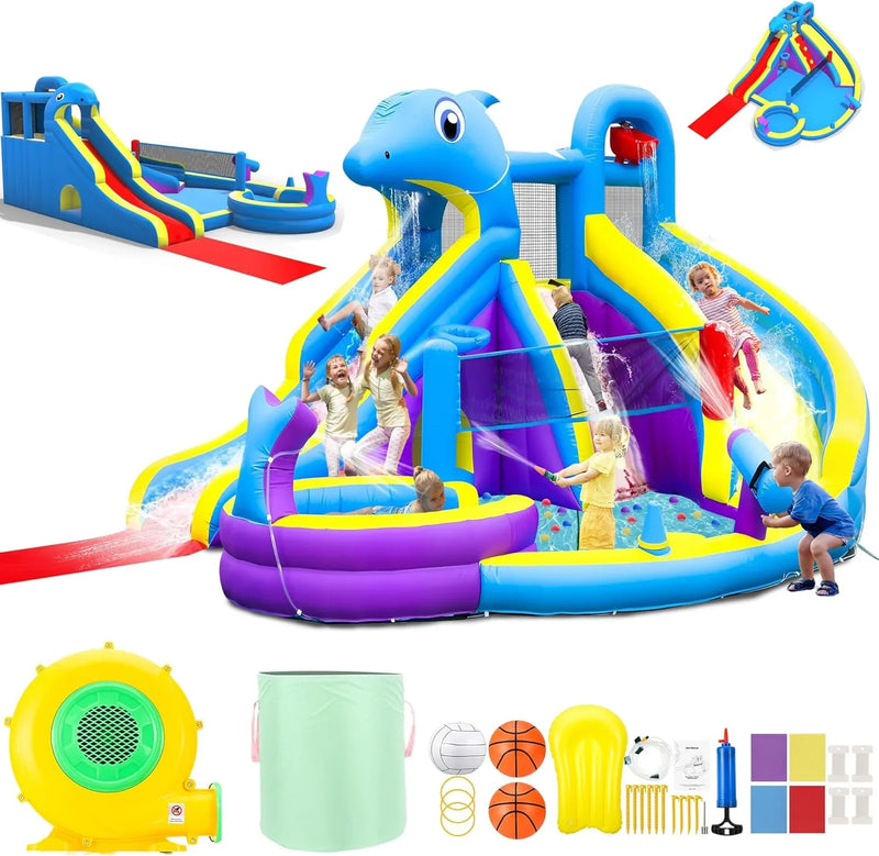 11-in-1 Inflatable Water Slide & Dolphin Bounce House w/2 Long Slides, 19.7 Ft x 13.1 Ft Extra Large Waterslide Climbing Wall w/Small Deeper Pool,Water Cannons,Hoop for Kids Backyard,550W Blower B3