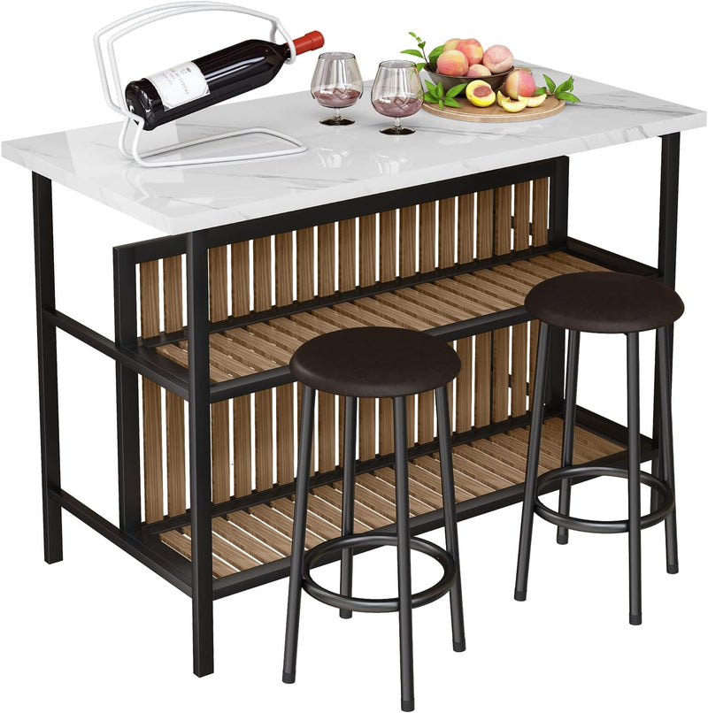 Kitchen Island with Seating & Storage Shelf, Faux Marble Island Table for Kitchen, Modern Bar Table and Chairs Set for 2,Dining Table Set for Small Space,White E9