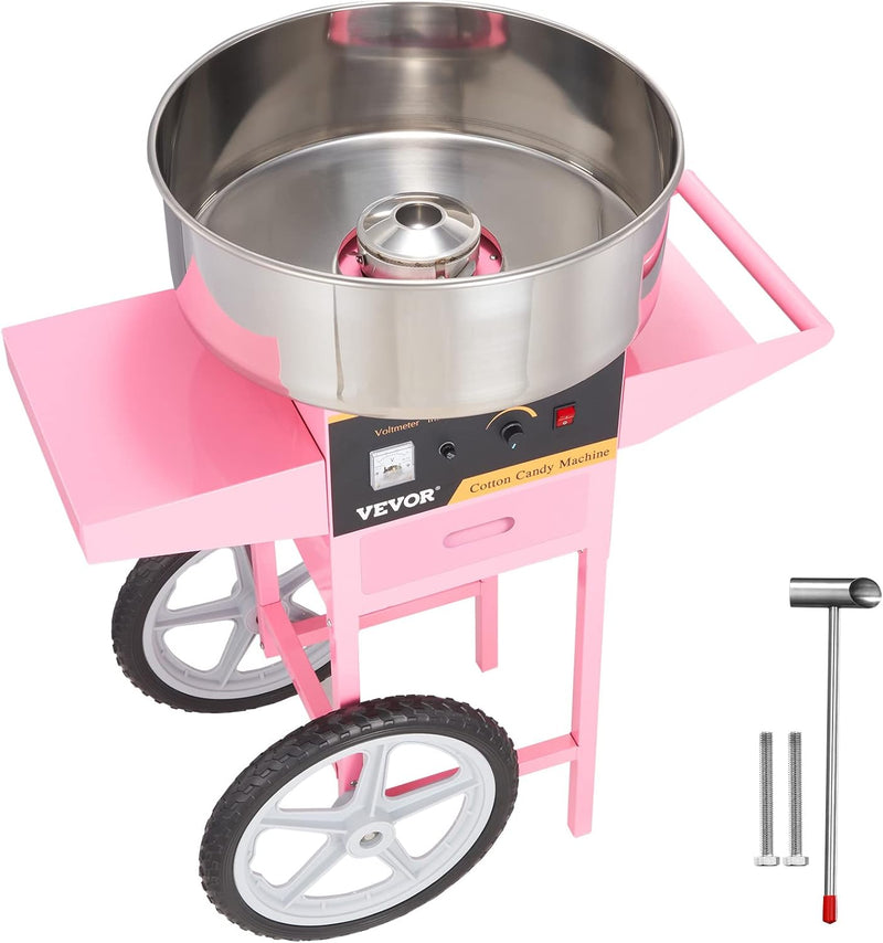 Electric Cotton Candy Machine with Cart, 1000W Commercial Floss Maker with Stainless Steel Bowl, Sugar Scoop and Drawer, Perfect for Home, Kids Birthday, Family Party, Pink C6