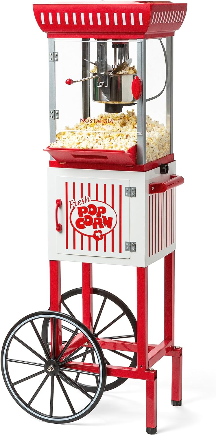 Popcorn Maker Machine - Professional Cart With 2.5 Oz Kettle Makes Up to 10 Cups - Vintage Popcorn Machine Movie Theater Style - Red & White K1