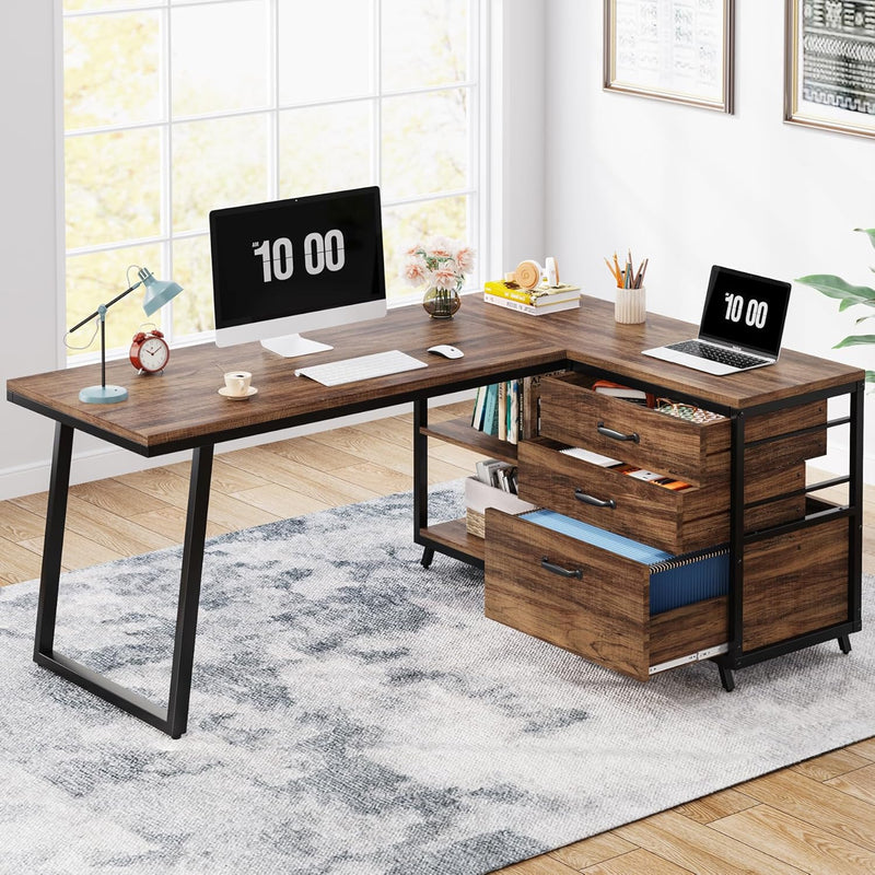 L-Shaped Computer Desk with 3 Drawers, Reversible Corner Home Office Desk with Shelves, 53-Inch Industrial PC Desk Study Writing Table Workstation for Small Space, Rustic Brown X9