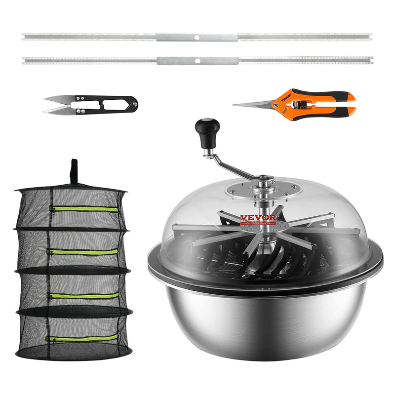 Leaf trimmer, 16-inch trimming bowl, manual flower branch trimmer, equipped with stainless steel blades for rotary trimming, transparent observation cover, foldable herb drying rack and handheld trimmer are all included. O1