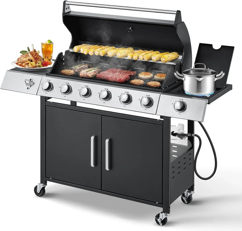 Upgraded 4 Burner BBQ Propane Gas Grill with Cast Iron Grates & Side Stove, 44,000 BTU Stainless Steel Burner Barbecue Grill for Patio, Camping, Outdoor Cooking MELLCOM A7