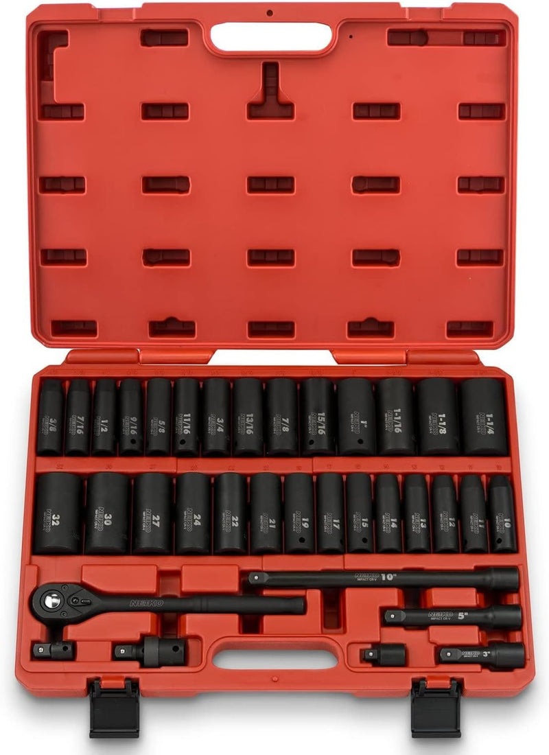 02448A 1/2" Drive Master Impact Socket Set, 65 Piece, Standard SAE (3/8"-1-1/4") & Metric (10-24 mm) Sizes, Deep & Shallow Kit, Includes Adapters & Ratchet Handle S2