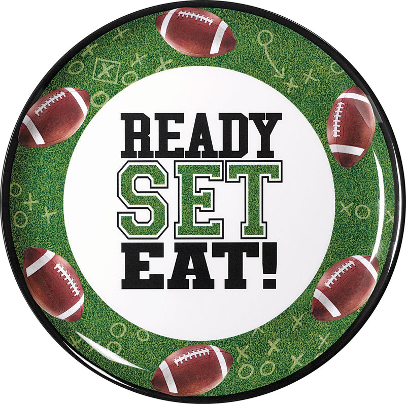 Football "Ready Set Eat" Round Plastic Melamine Reusable Serving Platter, Green, 13.5-in, for Sports Party L8