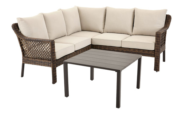 FOR LIVING Bracebridge All-Weather Wicker Outdoor Patio Sectional with Woodgrain Steel Table Top, Brown, 3-pc X9