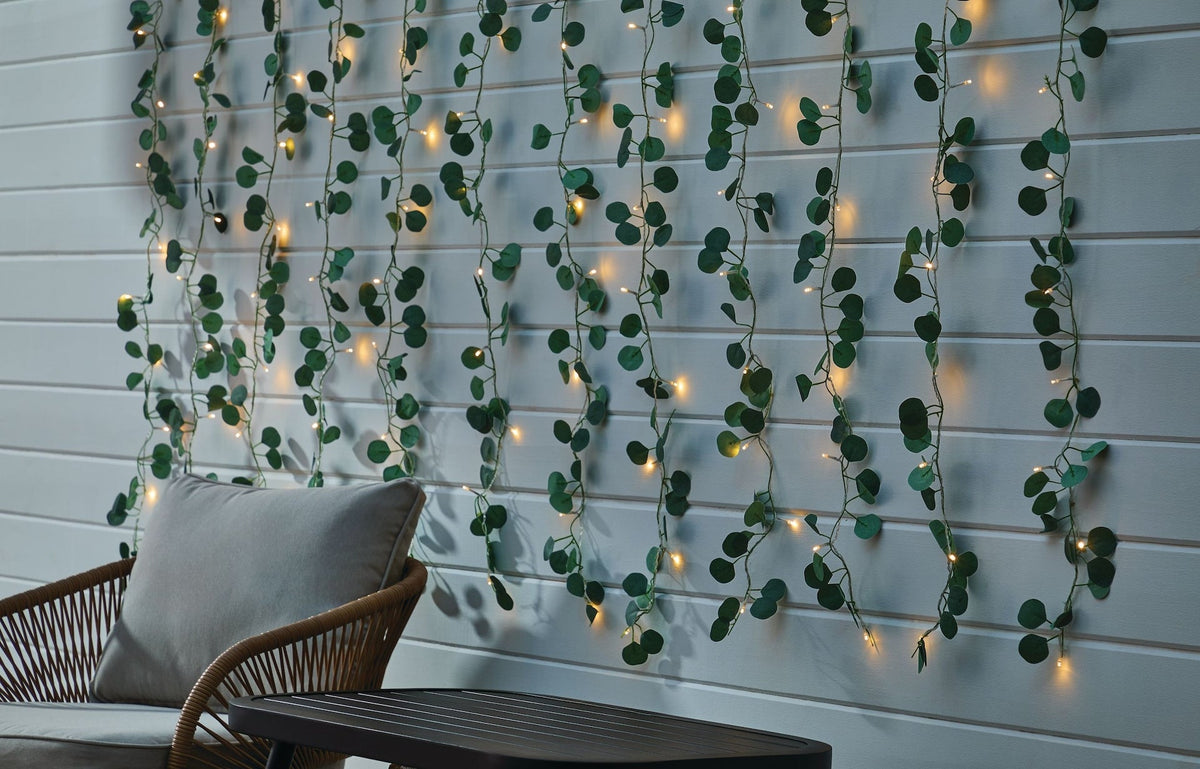 For Living Outdoor 12-Strand Warm White LED Curtain String Lights with Eucalyptus Leaves, 11.48-ft
