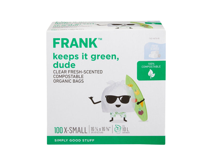 FRANK Extra-Small Organic Fresh-Scented Compostable Food Waste Bags, 100-pk, Clear, 10-L E3