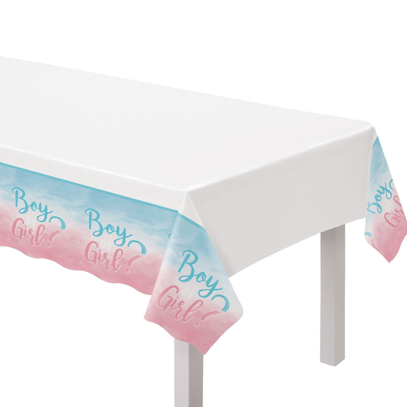 "Girl or Boy?" Rectangle Plastic Reusable Table Cover, Pink/Blue, 54x102-in, for Gender Reveal L9