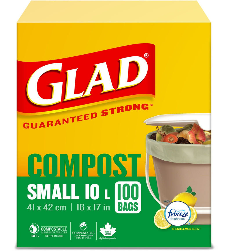 Glad Small 100% Compostable Febreze Lemon Scented Food Waste Bags, 100-pk, 10-L K8
