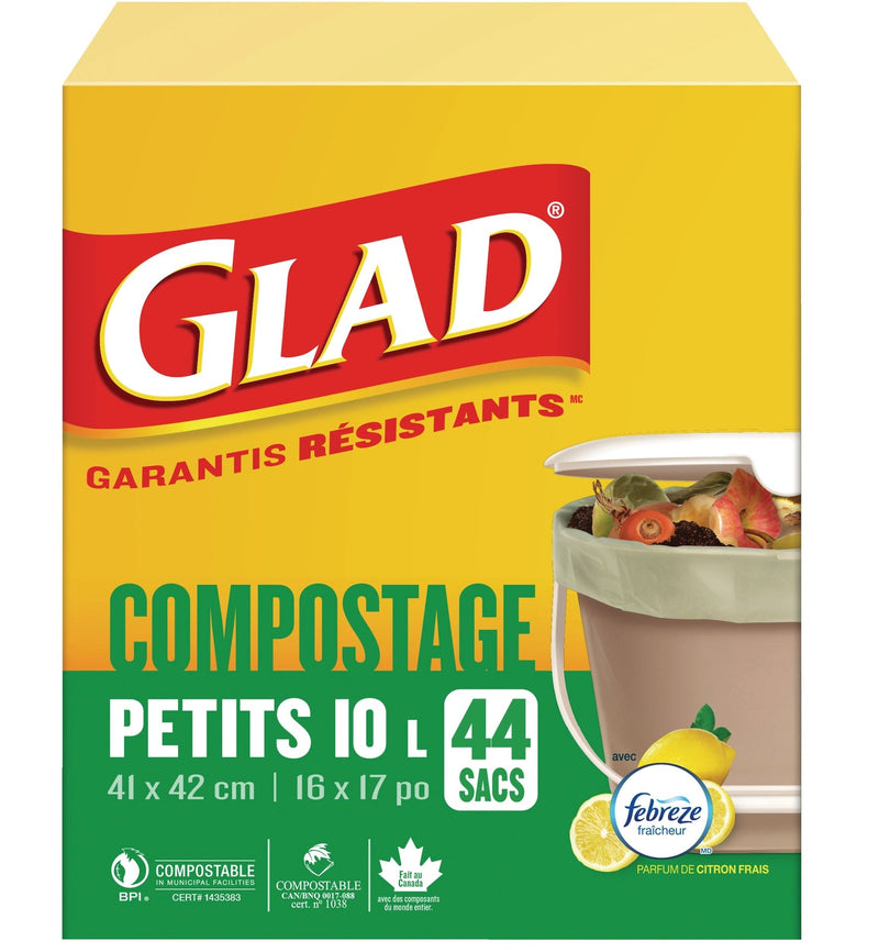 Glad Small 100% Compostable Febreze Lemon Scented Food Waste Bags, 44-pk, 10-L N7