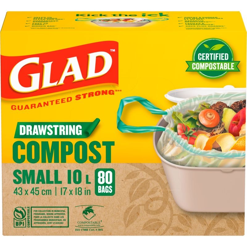 Glad Small Certified Compostable Drawstring Food Waste Bags, 80-pk, Opaque, 10-L B5