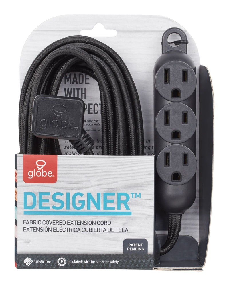 Globe 12-ft 16/3 Fabric Extension Cord, Right Angle Plug, 3 Outlets, Black B6