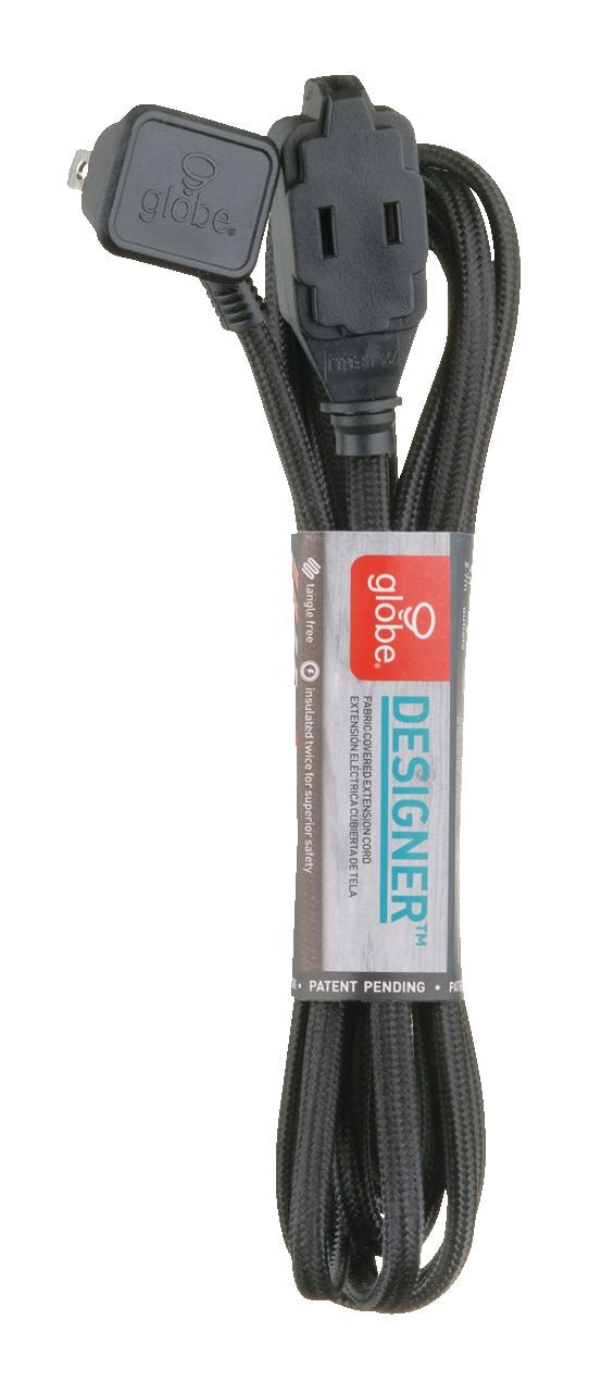 Globe 9-ft 16/2 Fabric Extension Cord, Right Angle Plug, 3 Outlets, Black C5