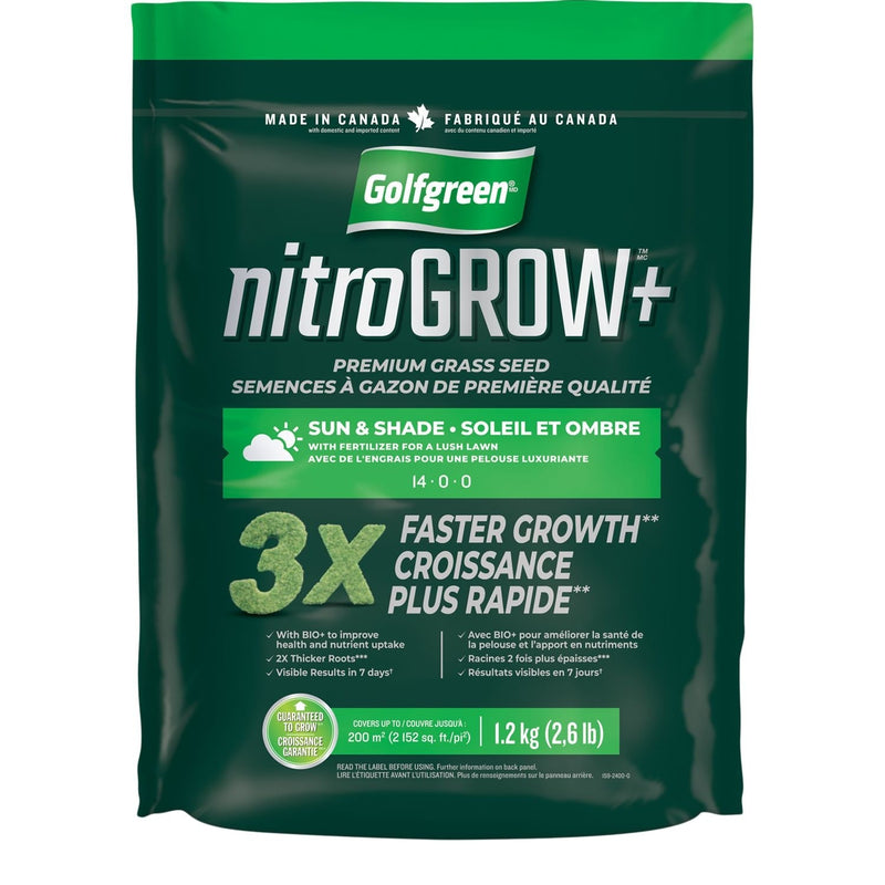 Golfgreen Nitrogrow+ Premium Nitrogen Enriched Sun and Shade Grass Seed with Fertilizer, 14-0-0, 1.2kg T7