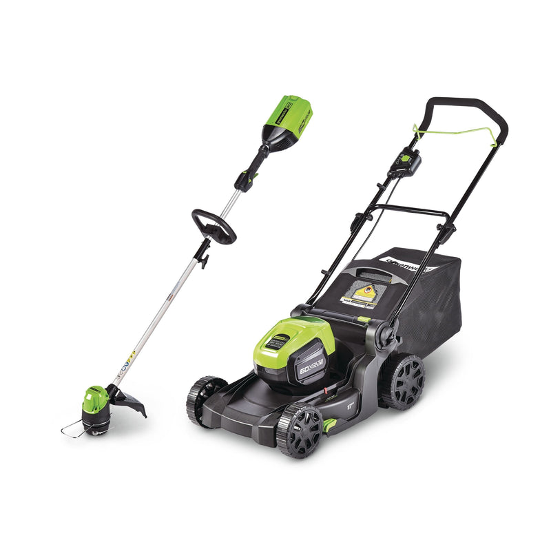 Greenworks 2-in-1 60V 4Ah Battery, Cordless Push Lawn Mower + String Trimmer, 17-in + 13-in O5