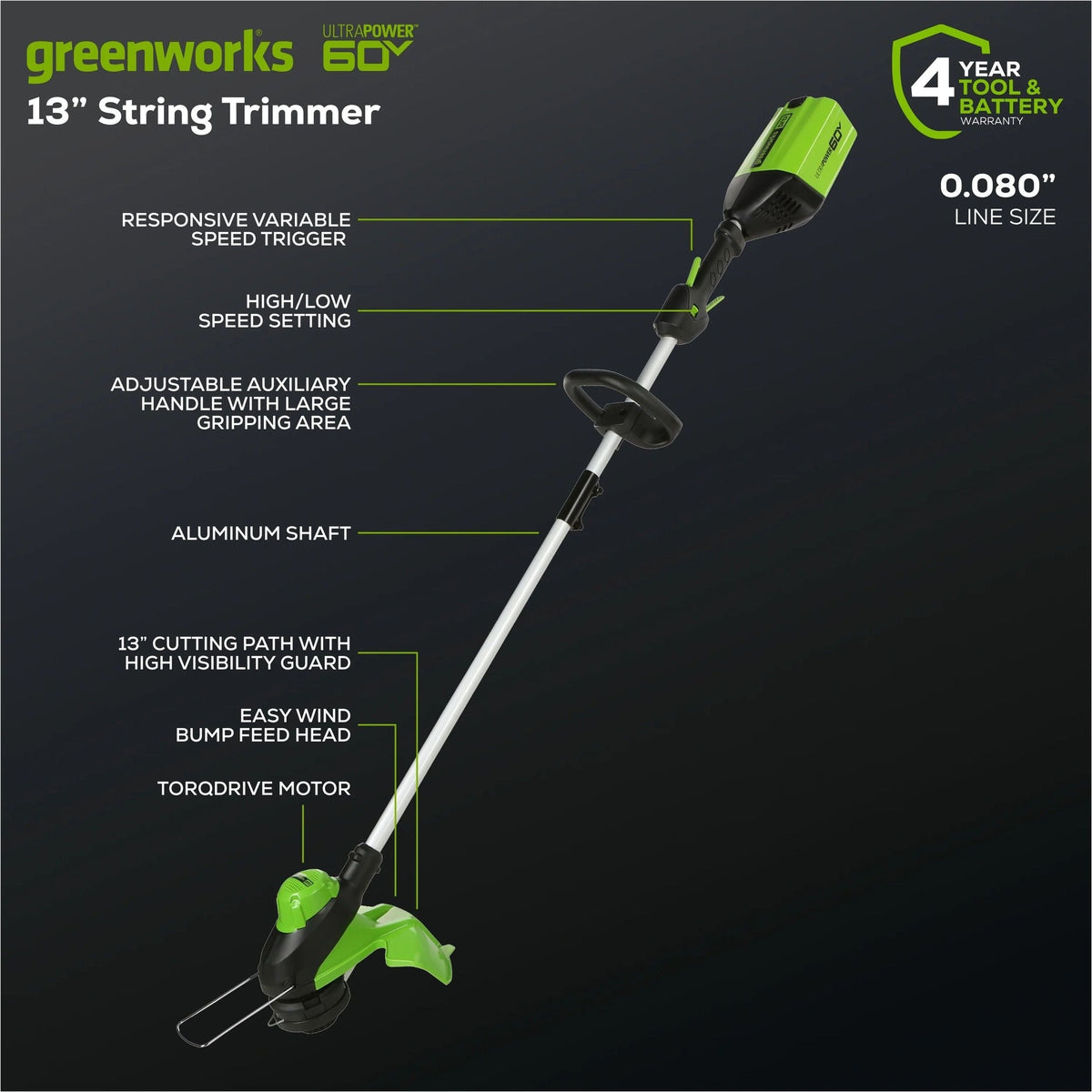 Greenworks 60V 13-in String Trimmer & 540CFM/140MPH Blower Combo Kit with 4.0Ah Battery & Charger