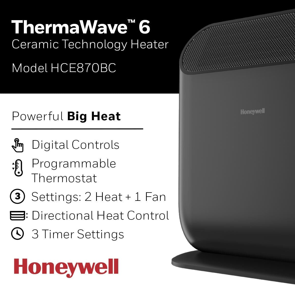Honeywell ThermaWave 6 Ceramic Space Heater, 1500W, Black