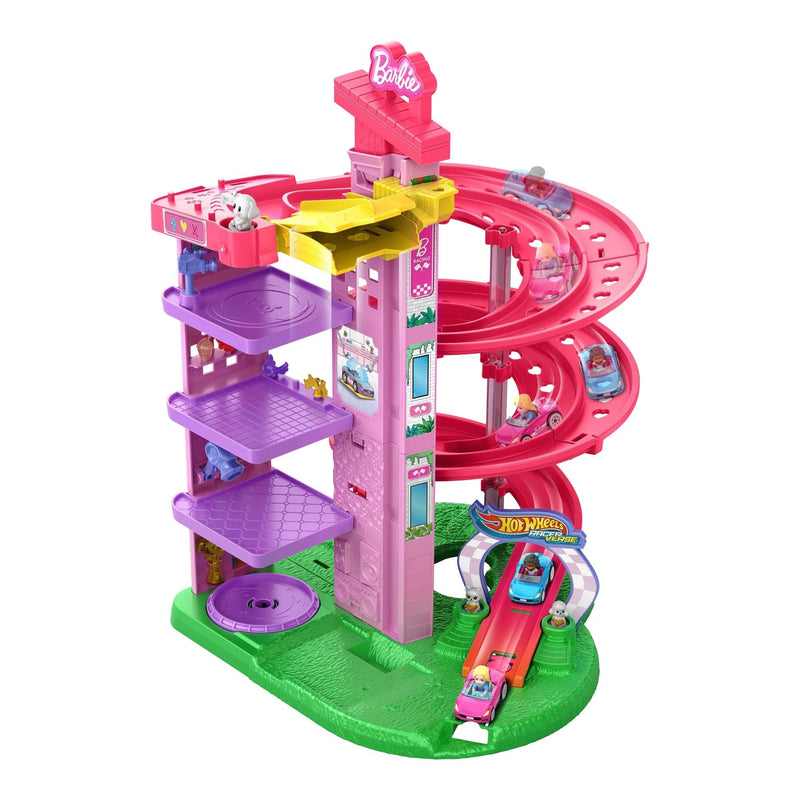 Hot Wheels Barbie Racerverse Toy Vehicle Track Set with 2 1:64 Die-Cast Vehicles and Figures O2