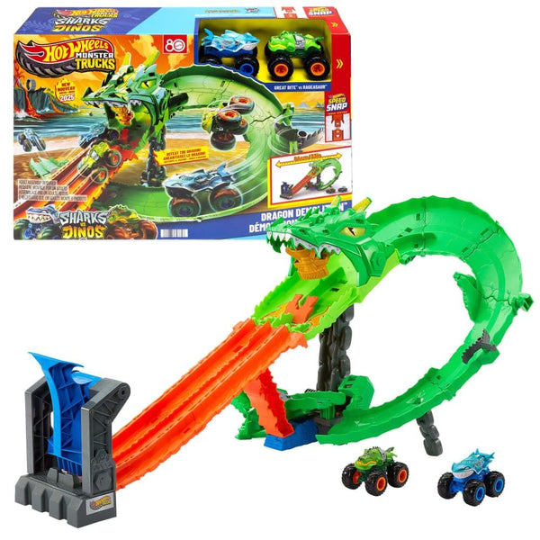 Hot Wheels Sharks vs. Dinos Dragon Destruction Playset with 2 1:64 Hot Wheels Monster Trucks P0