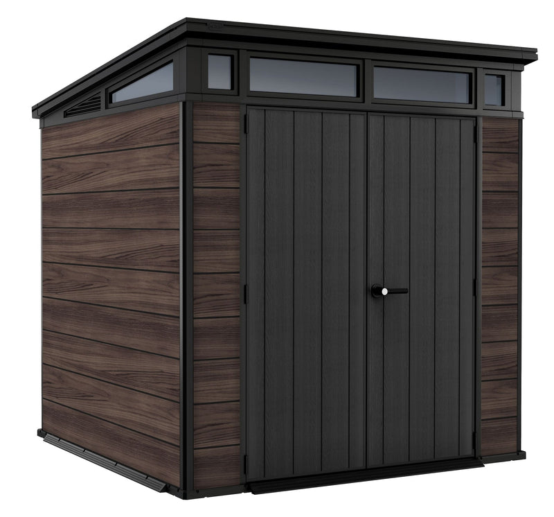 Keter Pent Durable DecoCoat Lockable 2-Door Resin Outdoor Storage Shed with Windows, Brown, 7-ft x 7-ft C7