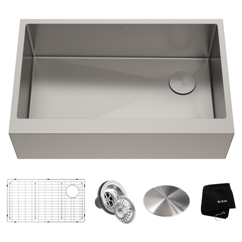 Kraus Kore Apron Front Farmhouse Stainless Steel Single Bowl Kitchen Sink with Add-Ons, 33x21x10-in E9