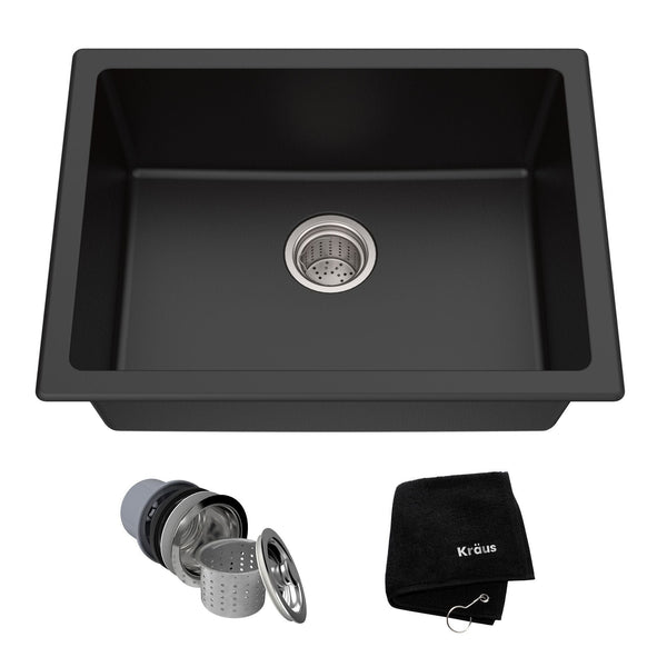 Kraus Quarza Top/Undermount Granite Single Bowl Kitchen Sink, Black Onyx, 24x18x9-in V2