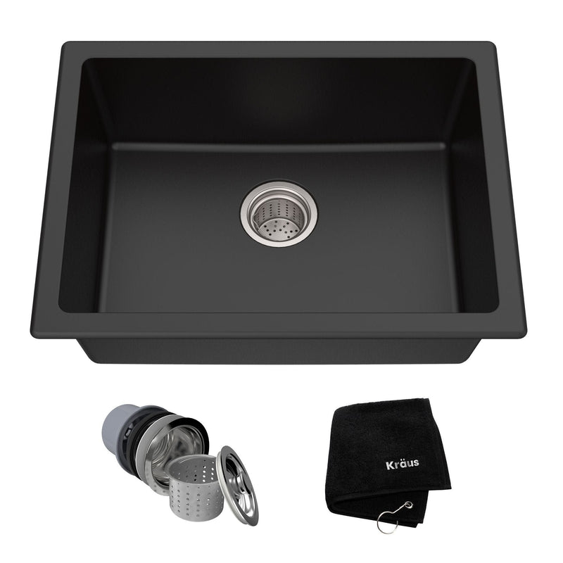 Kraus Quarza Top/Undermount Granite Single Bowl Kitchen Sink, Black Onyx, 24x18x9-in V2