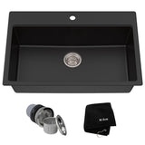 Kraus Quarza Top/Undermount Granite Single Bowl Kitchen Sink, Black Onyx, 31x20x9-in