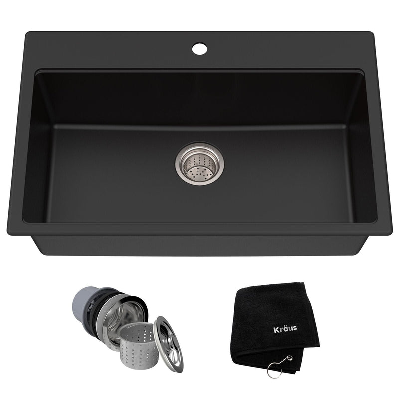 Kraus Quarza Top/Undermount Granite Single Bowl Kitchen Sink, Black Onyx, 31x20x9-in B0