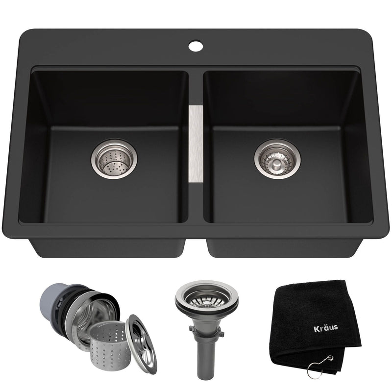 Kraus Quarza Undermount Granite Double Bowl Kitchen Sink, Black Onyx, 33x22x10-in Y7