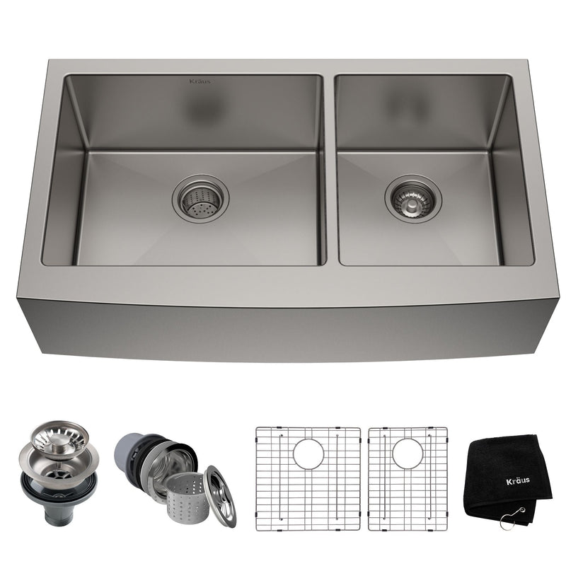 Kraus Standard PRO Apron Front Farmhouse Stainless Steel Double Bowl Kitchen Sink, 36x21x10-in R7