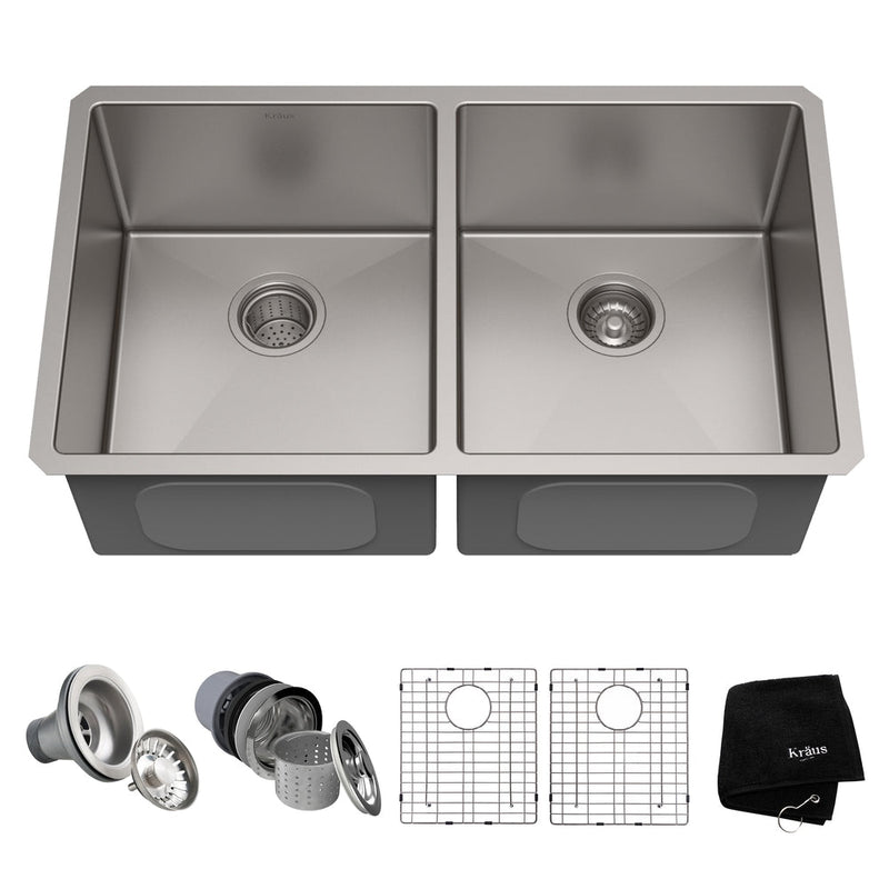 Kraus Standard PRO Undermount Stainless Steel Double Bowl 50/50 Kitchen Sink, 33x19x10-in Y1