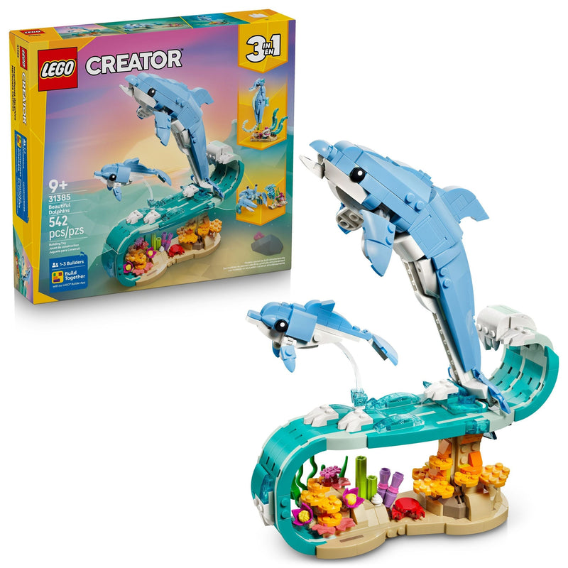 LEGO Creator 3-in-1 Sea Animals: Beautiful Dolphins Toy Building Set - 31385, 542-pcs, Ages 9+ O1