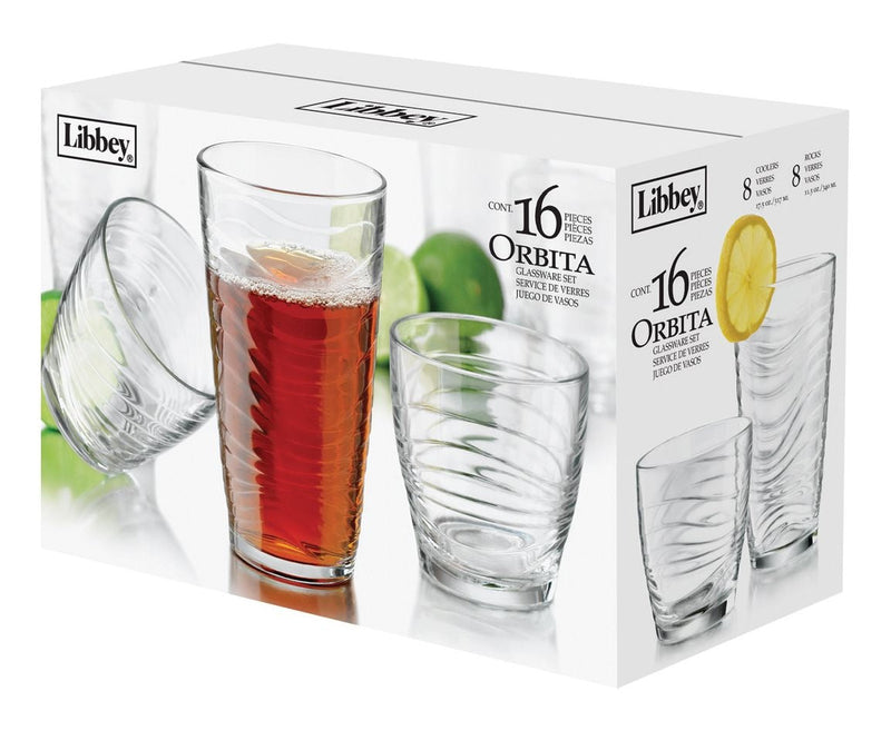 Libbey Orbita 16pc Tumbler Glassware Set, Dishwasher Safe, 8pc x 13-oz and 8pc x 18-oz G5