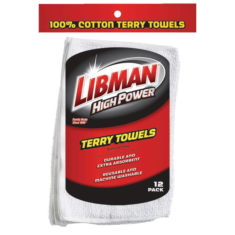 Libman Heavy Duty All-Purpose Machine Washable 100% Cotton Terry Towels, White, 12-pk O4