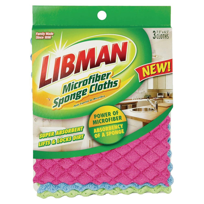 Libman Machine Washable Microfibre Sponge Cloths, Assorted Colours, 3-pk V0