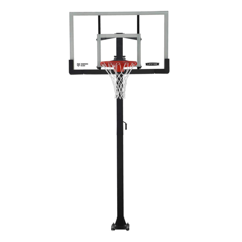 Lifetime Adjustable In-Ground Bolt Down Outdoor Basketball Hoop with 60-in Tempered Glass, Hoop & Net System Y9