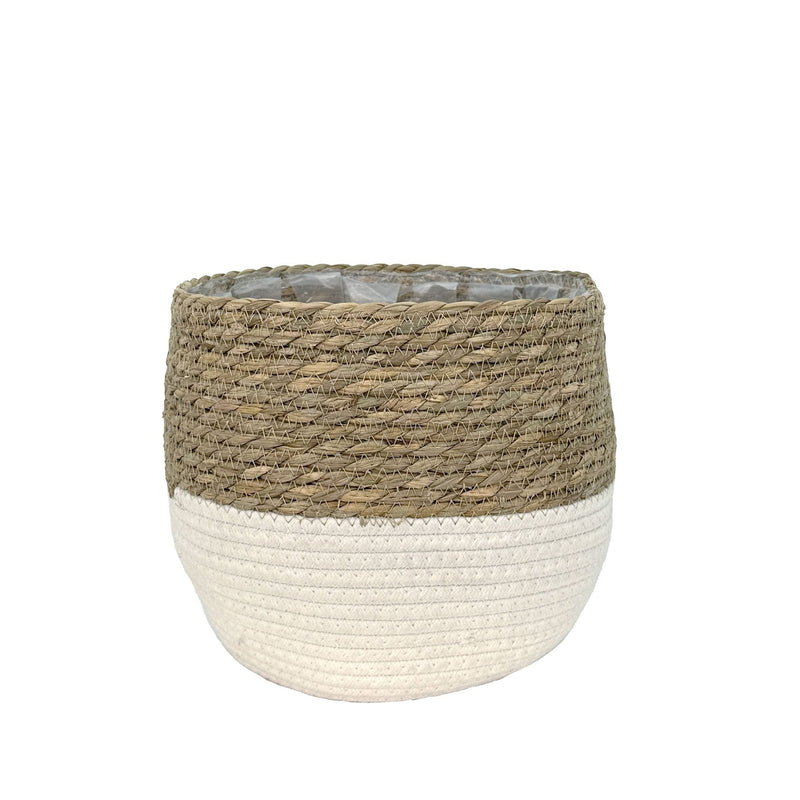 Lynne Weave Cotton Jute Round Basket Planter with Leaf-Proof Plastic Lining, 8-in X5