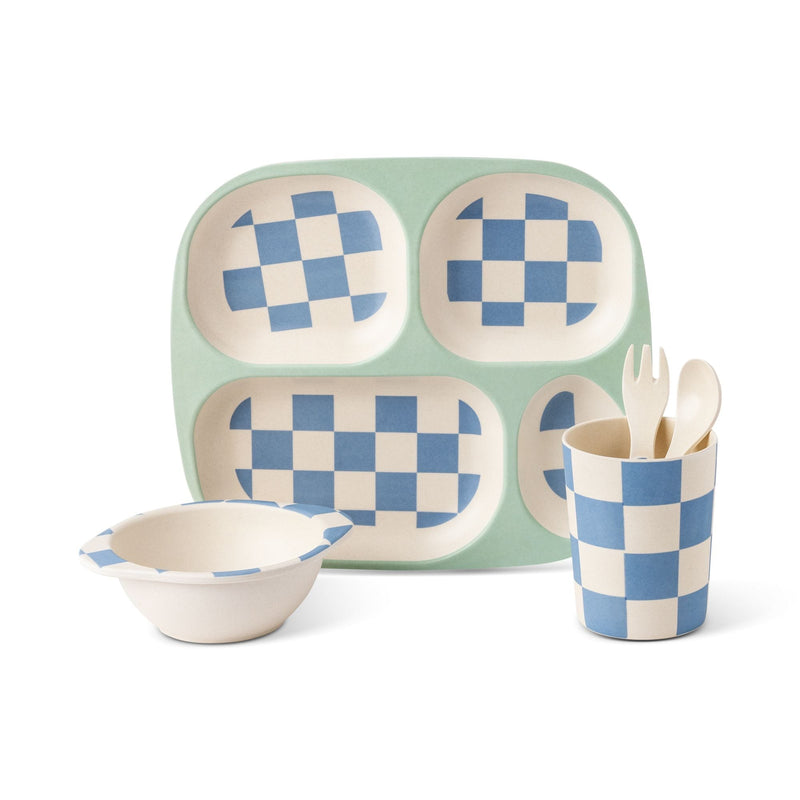 Manna Kids' Bamboo Fiber Dinnerware Set, Blue Check, 5-pc B9