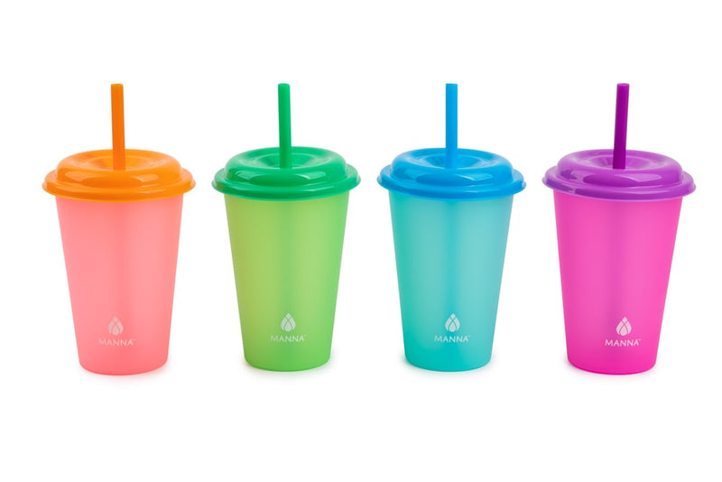 Manna Plastic Colour Changing Cups with Straws & Lids, 12-oz, 4-pk, Assorted Colours O6