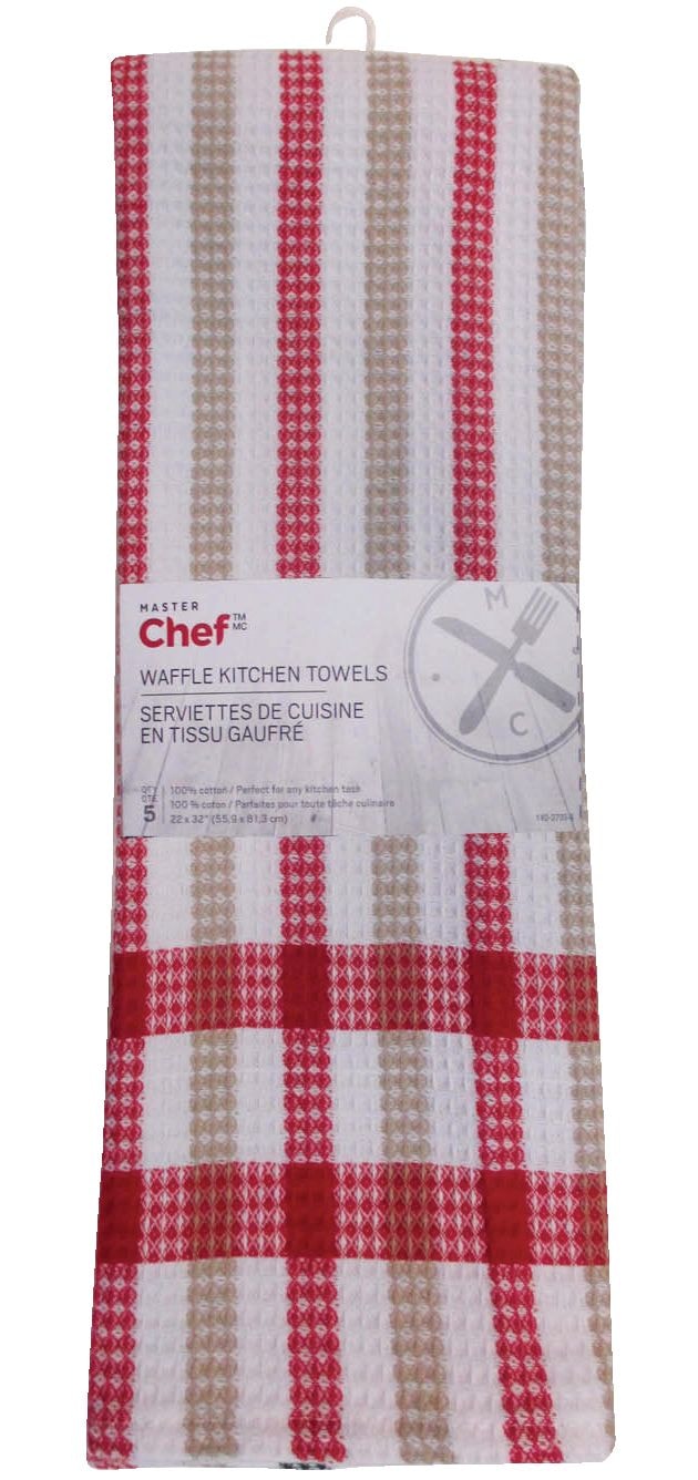 MASTER Chef Cotton Plaid Waffle Kitchen Towels, Reusable, 22-in x 32-in, 5-pk, Assorted Colours