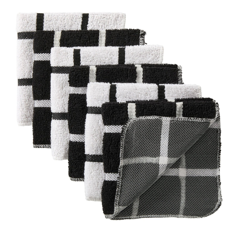 Master Chef Terry Checkered Dish Cloths with Scrubber, Black, 6-pk B9